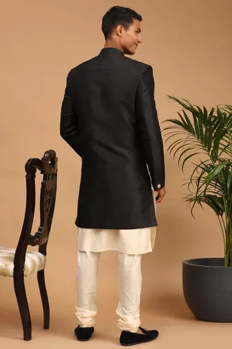 Men'S Cream And Black Viscose Ethnic Combo Set