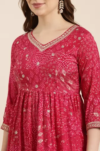 women's v-neck floral screen print pink a-line kurta and trouser with dupatta