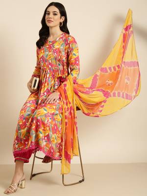 women's mandarin collar floral pink anarkali kurta and trouser with dupatta 1