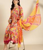 women's mandarin collar floral pink anarkali kurta and trouser with dupatta