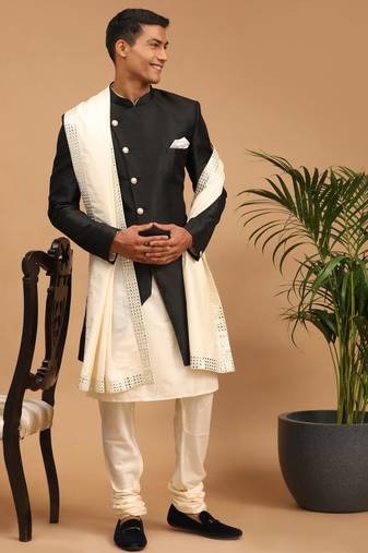  men's cream and turquoise viscose ethnic combo set