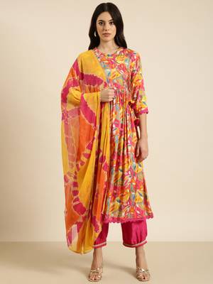 women's mandarin collar floral pink anarkali kurta and trouser with dupatta 2