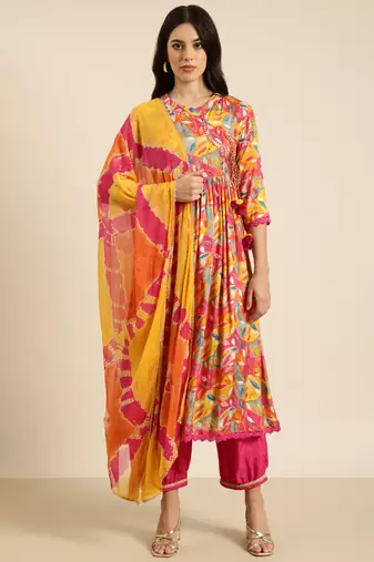 women's mandarin collar floral pink anarkali kurta and trouser with dupatta