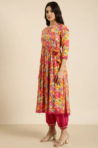 women's mandarin collar floral pink anarkali kurta and trouser with dupatta