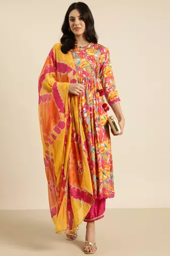 women's mandarin collar floral pink anarkali kurta and trouser with dupatta