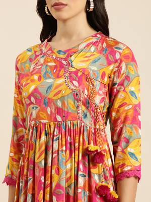 women's mandarin collar floral pink anarkali kurta and trouser with dupatta 5
