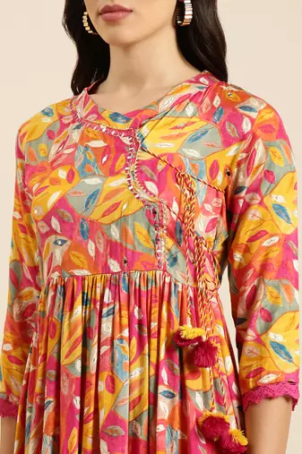 women's mandarin collar floral pink anarkali kurta and trouser with dupatta