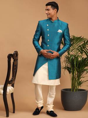 Men'S Cream And Green Viscose Ethnic Combo Set 1