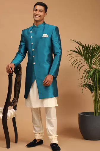 Men'S Cream And Green Viscose Ethnic Combo Set