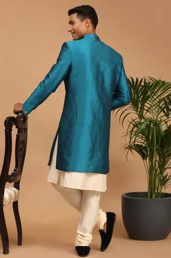 Men'S Cream And Green Viscose Ethnic Combo Set