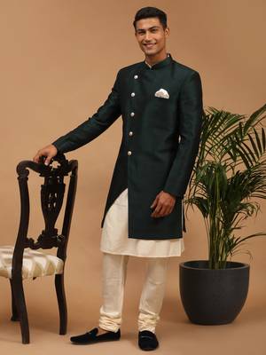 Vastramay men's cream and green viscose ethnic combo set 1