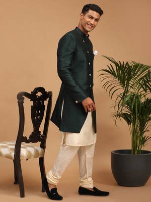 Vastramay men's cream and green viscose ethnic combo set 2