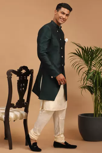 Vastramay men's cream and green viscose ethnic combo set