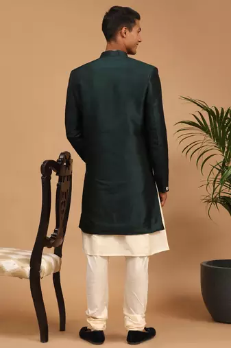 Vastramay men's cream and green viscose ethnic combo set