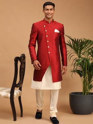 Cream And Maroon Viscose Ethnic Sherwani 1