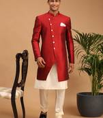 Cream And Maroon Viscose Ethnic Sherwani