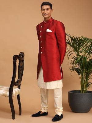 Cream And Maroon Viscose Ethnic Sherwani 2
