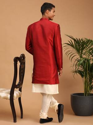 Cream And Maroon Viscose Ethnic Sherwani 3