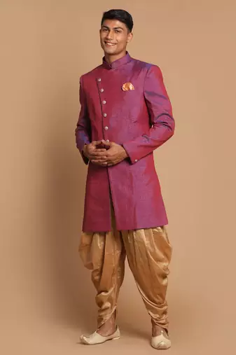 Purple And Rose Gold Silk Blend Sherwani Set