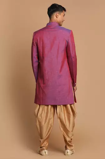 Purple And Rose Gold Silk Blend Sherwani Set