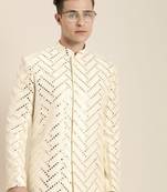 Cream Silk Blend Sherwani Set