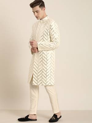 Cream Silk Blend Sherwani Set 4