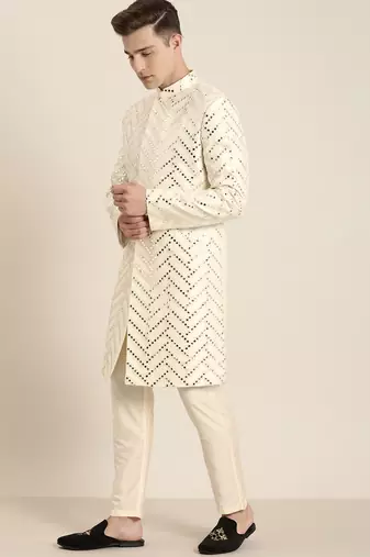Cream Silk Blend Sherwani Set