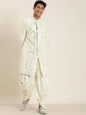 Cream Silk Blend Sherwani Set 1