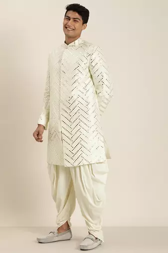 Cream Silk Blend Sherwani Set