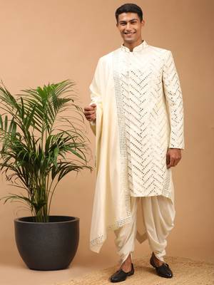 Cream Silk Blend Sherwani Set With Dupatta 1