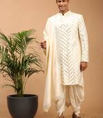 Cream Silk Blend Sherwani Set With Dupatta