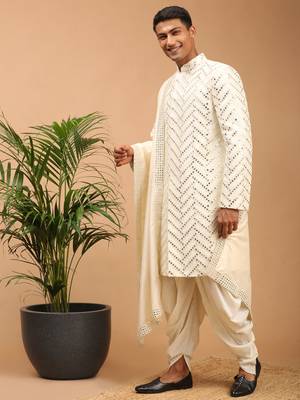 Cream Silk Blend Sherwani Set With Dupatta 2