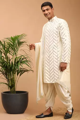 Cream Silk Blend Sherwani Set With Dupatta