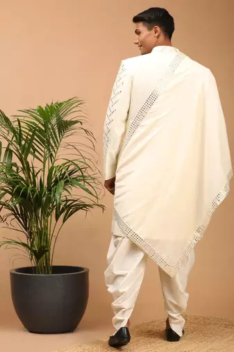 Cream Silk Blend Sherwani Set With Dupatta