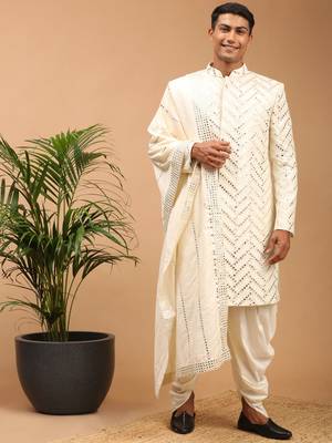 Cream Silk Blend Sherwani Set With Dupatta 1