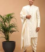 Cream Silk Blend Sherwani Set With Dupatta