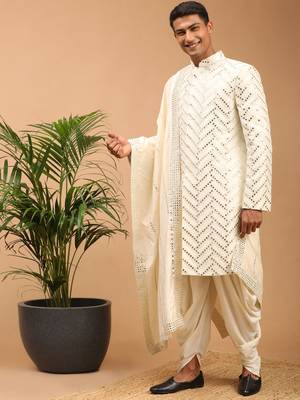 Cream Silk Blend Sherwani Set With Dupatta 2