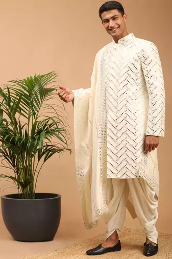 Cream Silk Blend Sherwani Set With Dupatta