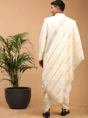 Cream Silk Blend Sherwani Set With Dupatta 3