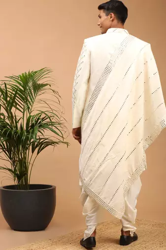 Cream Silk Blend Sherwani Set With Dupatta