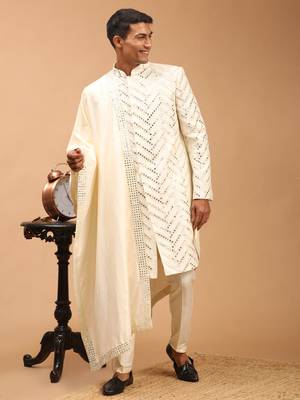Cream Silk Blend Sherwani Set With Dupatta 1