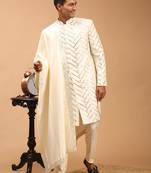 Cream Silk Blend Sherwani Set With Dupatta