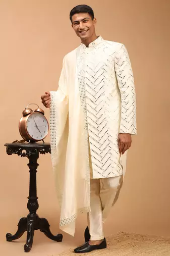 Cream Silk Blend Sherwani Set With Dupatta