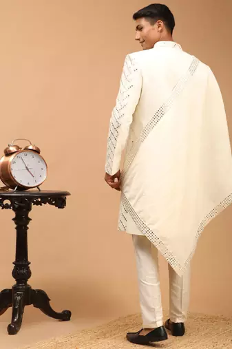 Cream Silk Blend Sherwani Set With Dupatta