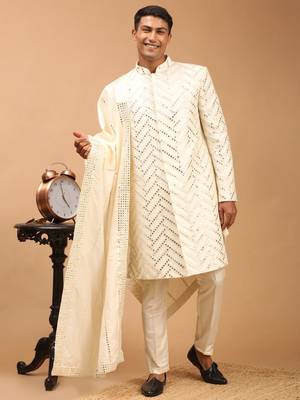 Cream Silk Blend Sherwani Set With Dupatta 1