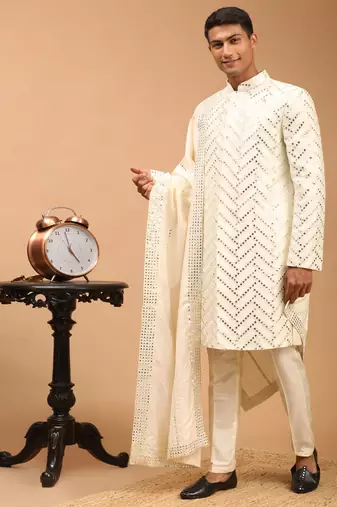 Cream Silk Blend Sherwani Set With Dupatta