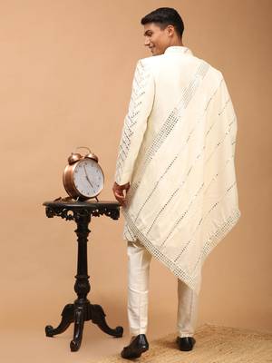 Cream Silk Blend Sherwani Set With Dupatta 3