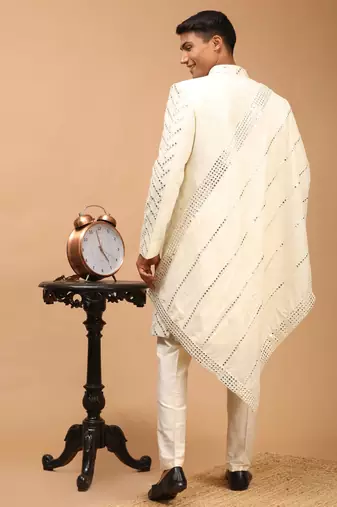 Cream Silk Blend Sherwani Set With Dupatta
