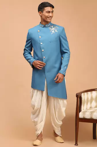 Vastramay men's turquoise and cream silk blend sherwani set
