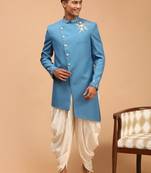 turquoise and cream silk blend sherwani set